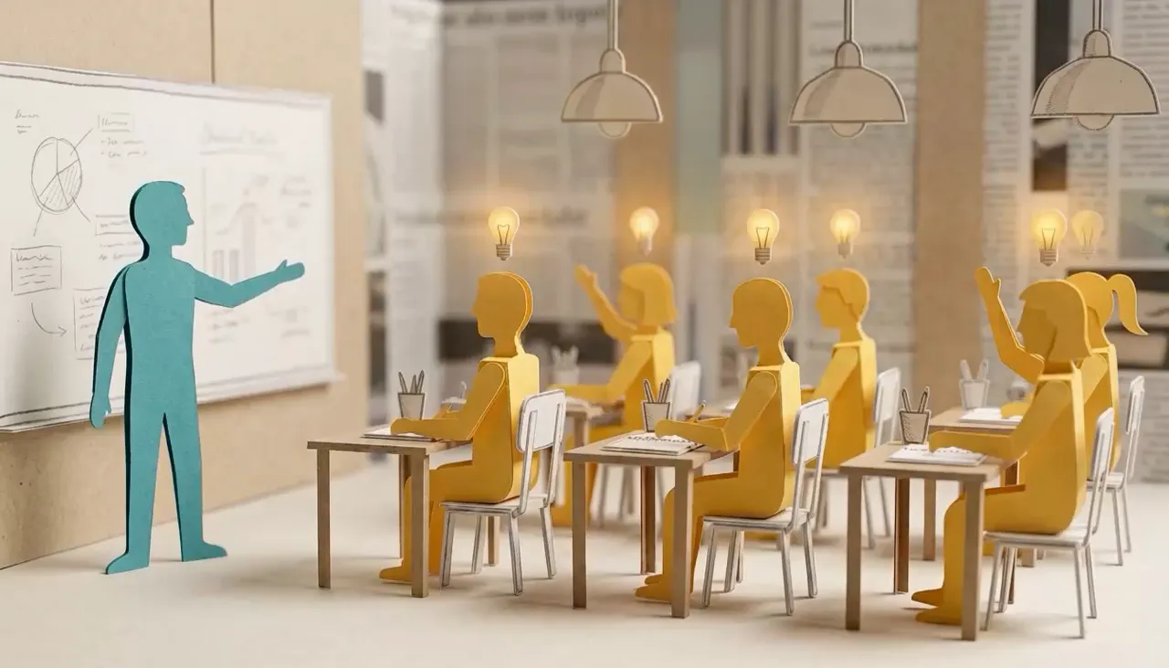 A paper-craft figure presenting at a whiteboard to a classroom of seated figures, lightbulbs over their heads